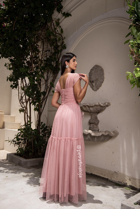 VESTIDO DECOTE TRIANGULO TULE BRILHANTE VESTIDO DE FESTA PETRA FINA