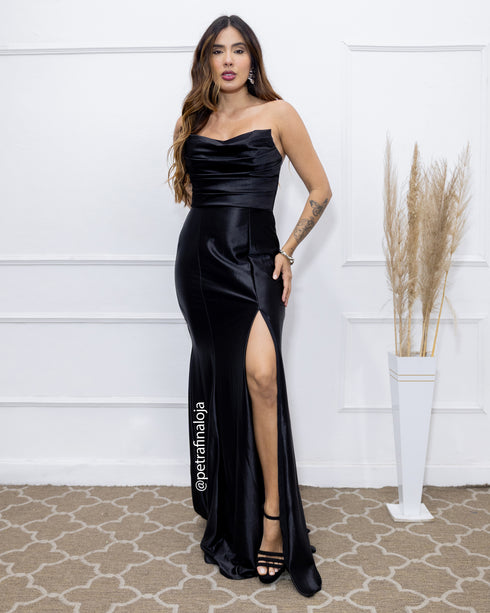 VESTIDO TOMARA QUE CAIA DRAPEADO LATERAL VESTIDO DE FESTA PETRA FINA PRETO P