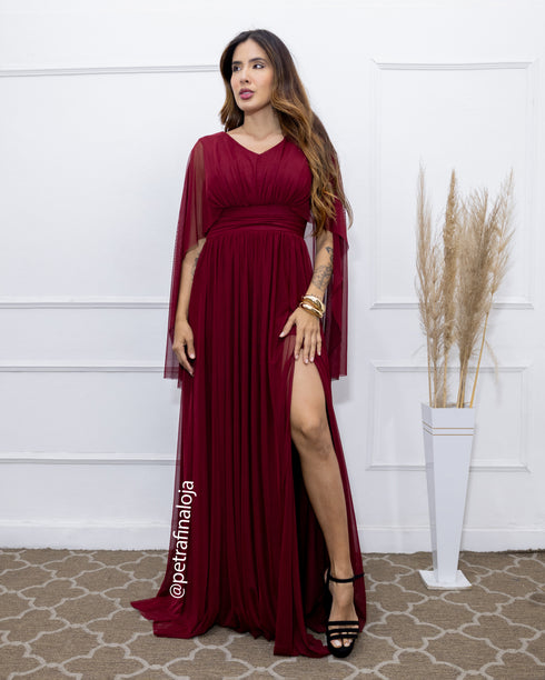 VESTIDO MANGA MORCEGO LISO VESTIDO DE FESTA PETRA FINA MARSALA M