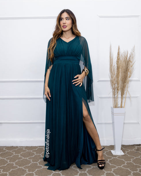 VESTIDO MANGA MORCEGO LISO VESTIDO DE FESTA PETRA FINA VERDE ESMERALDA M