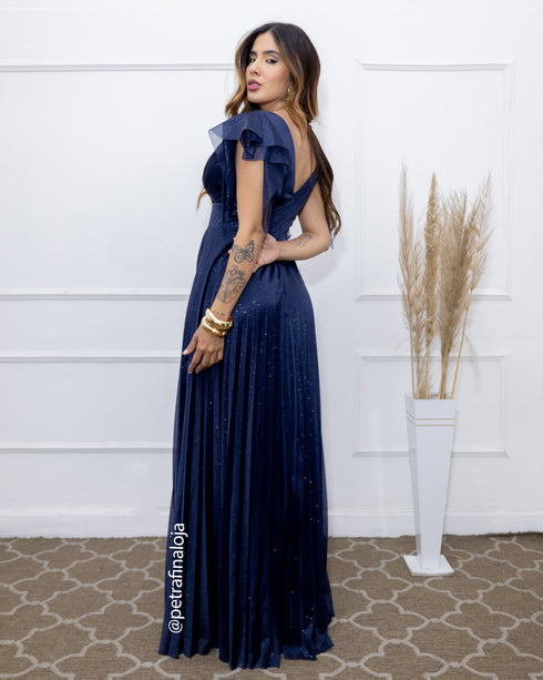 VESTIDO DE MANGUINHA SAIA PLISSADA VESTIDO DE FESTA PETRA FINA