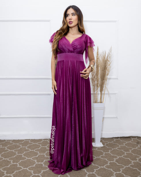 VESTIDO DE MANGUINHA SAIA PLISSADA VESTIDO DE FESTA PETRA FINA FUCSIA M