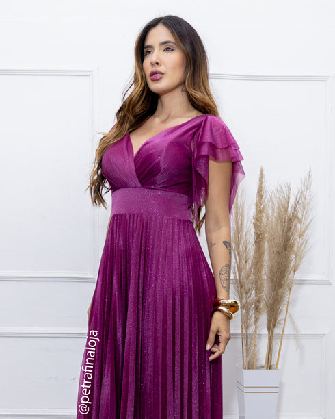 VESTIDO DE MANGUINHA SAIA PLISSADA VESTIDO DE FESTA PETRA FINA
