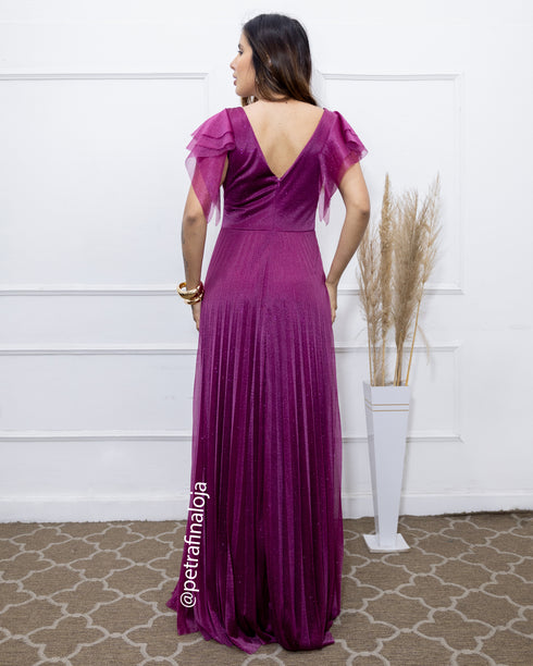 VESTIDO DE MANGUINHA SAIA PLISSADA VESTIDO DE FESTA PETRA FINA