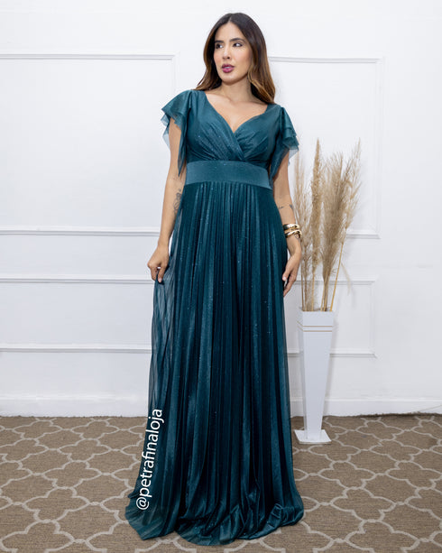 VESTIDO DE MANGUINHA SAIA PLISSADA VESTIDO DE FESTA PETRA FINA