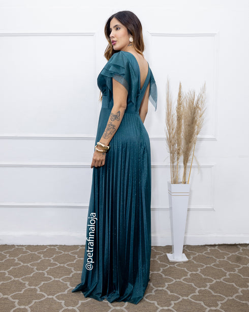 VESTIDO DE MANGUINHA SAIA PLISSADA VESTIDO DE FESTA PETRA FINA