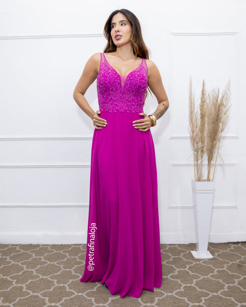 VESTIDO DECOTE V RENDA BORDADO VESTIDO DE FESTA PETRA FINA FUCSIA P