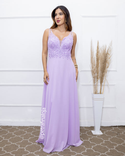VESTIDO DECOTE V RENDA BORDADO VESTIDO DE FESTA PETRA FINA LILAS P