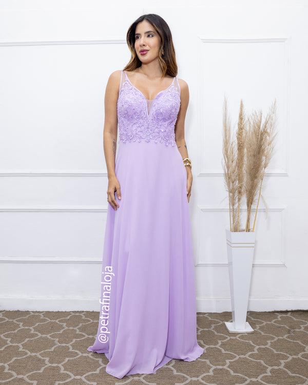VESTIDO DECOTE V RENDA BORDADO VESTIDO DE FESTA PETRA FINA LILAS P