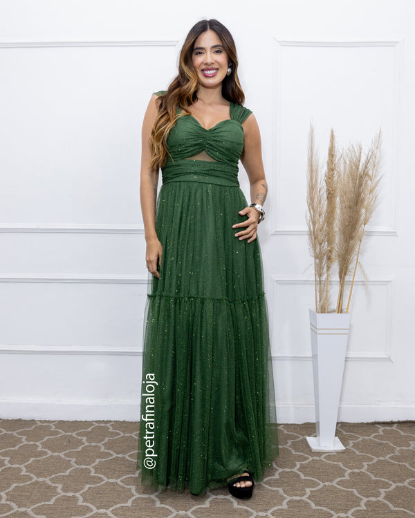 VESTIDO DECOTE TRIANGULO TULE BRILHANTE