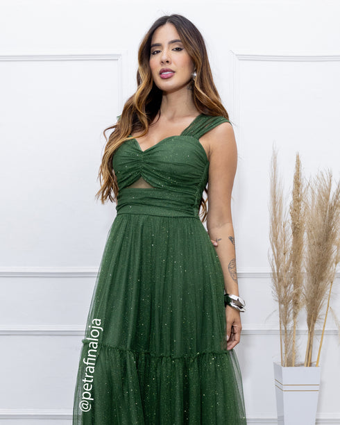 VESTIDO DECOTE TRIANGULO TULE BRILHANTE