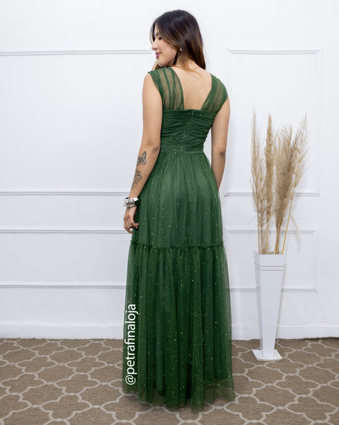 VESTIDO DECOTE TRIANGULO TULE BRILHANTE