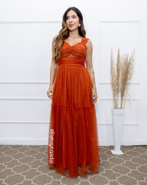 VESTIDO DECOTE TRIANGULO TULE BRILHANTE