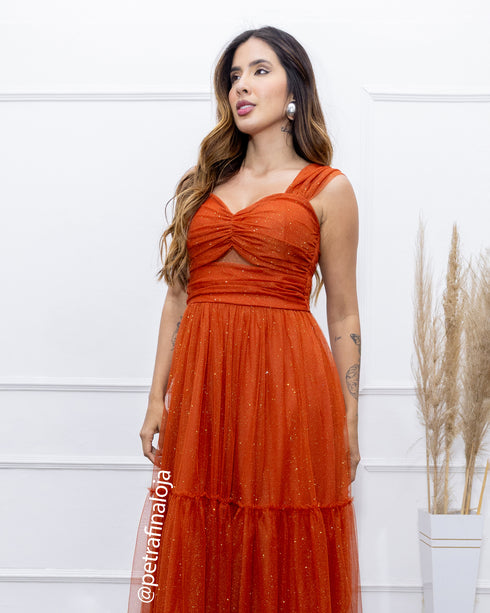 VESTIDO DECOTE TRIANGULO TULE BRILHANTE