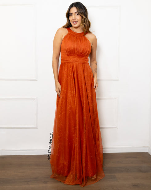 Vestido de gola tule trabalhado