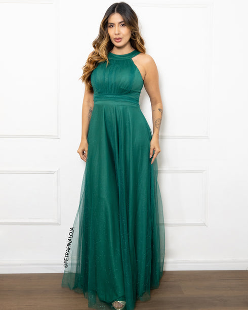 Vestido de gola tule trabalhado