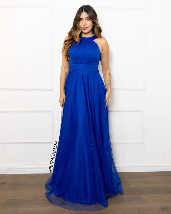 Vestido de gola tule trabalhado