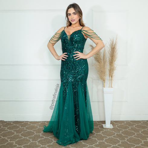 VESTIDO ALÇAS DE PEDRARIAS CALDA SEREIA VESTIDO DE FESTA PETRA FINA VERDE ESMERALDA P