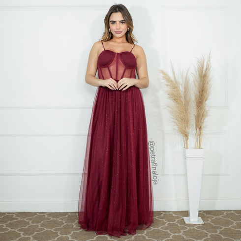 Vestido alcinha saia fada VESTIDO DE FESTA PETRA FINA MARSALA P