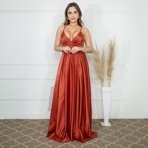 VESTIDO ALCINHA COM DECOTE FENDA LISO VESTIDO DE FESTA PETRA FINA TERRACOTA P