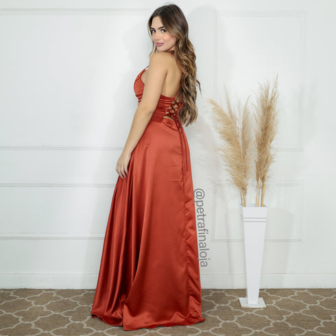 VESTIDO ALCINHA COM DECOTE FENDA LISO VESTIDO DE FESTA PETRA FINA