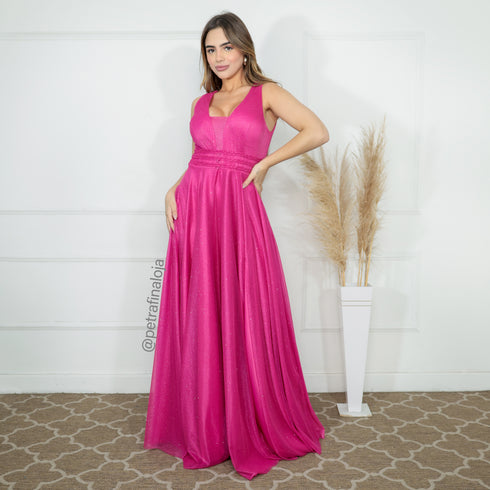 Vestido três listras plissado VESTIDO DE FESTA PETRA FINA PINK M