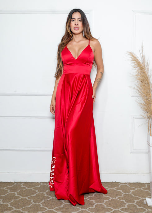 Vestido Alcinha com Decote Fenda Liso da Petra Fina - VERMELHO
