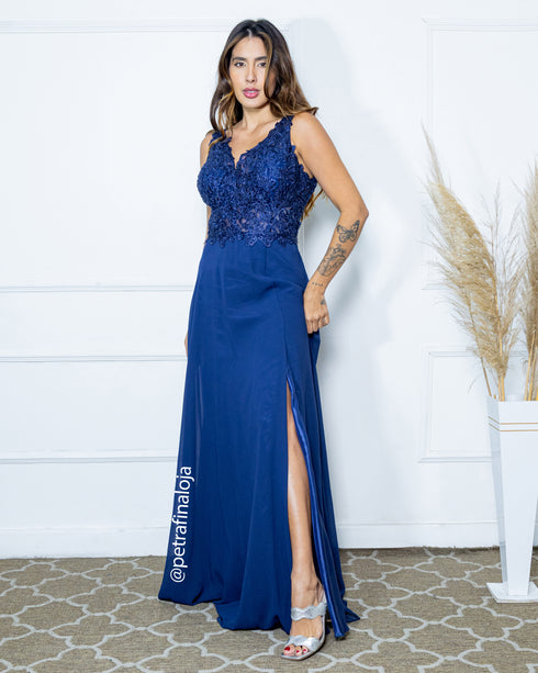 VESTIDO DECOTE V RENDA BORDADO VESTIDO DE FESTA PETRA FINA AZUL MARINHO P