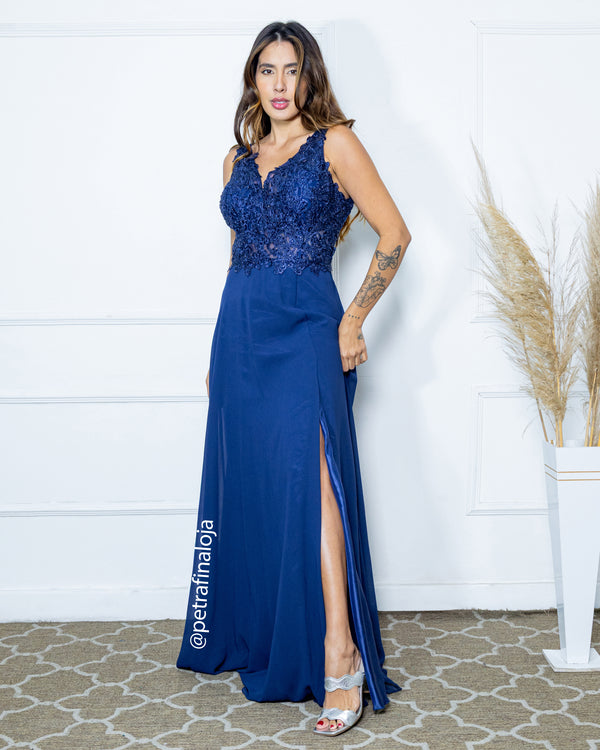 VESTIDO DECOTE V RENDA BORDADO VESTIDO DE FESTA PETRA FINA AZUL MARINHO P