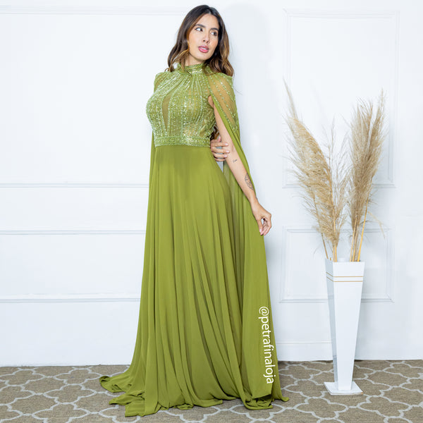 VESTIDO PEDRARIA CAPA VESTIDO DE FESTA PETRA FINA VERDE OLIVA P