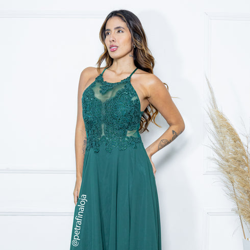VESTIDO GOLA NADADOR DETALHES GUIPIR VESTIDO DE FESTA PETRA FINA
