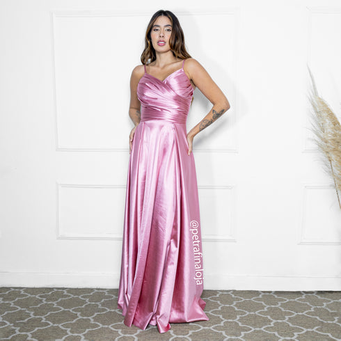 VESTIDO ALCINHA DRAPEADO RODADO VESTIDO DE FESTA PETRA FINA ROSE P