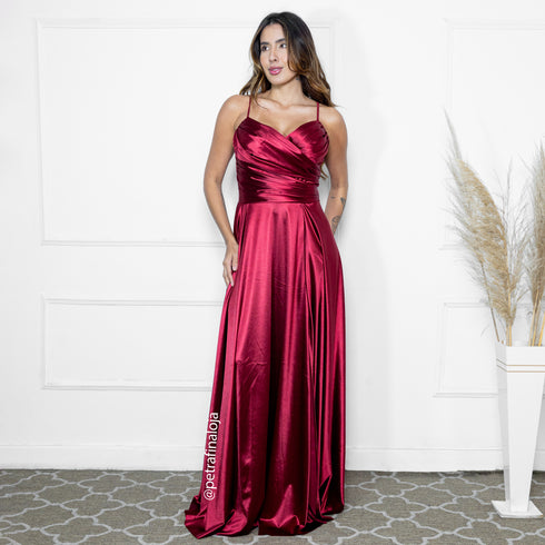 VESTIDO ALCINHA DRAPEADO RODADO VESTIDO DE FESTA PETRA FINA MARSALA P