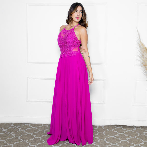 VESTIDO GOLA NADADOR DETALHES GUIPIR VESTIDO DE FESTA PETRA FINA FUCSIA P