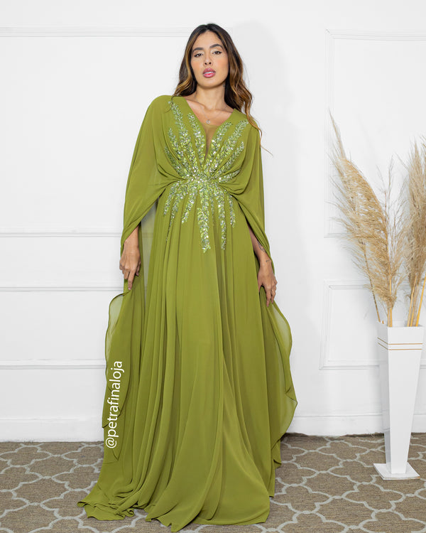 VESTIDO PEDRARIA MANGA MORCEGO GREGO VESTIDO DE FESTA PETRA FINA VERDE OLIVA P
