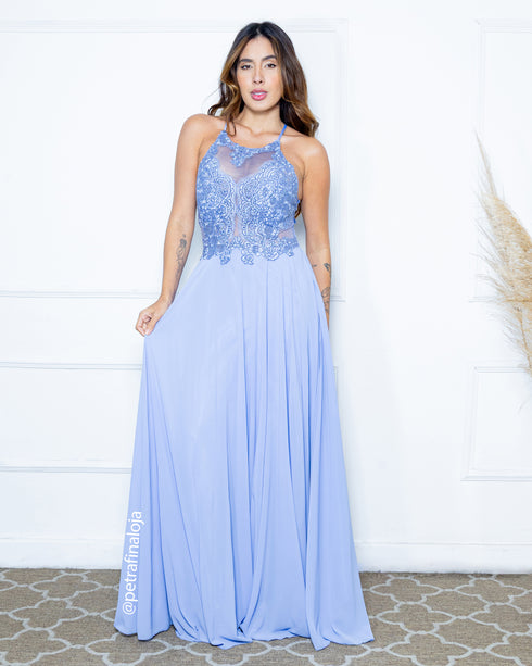 VESTIDO GOLA NADADOR DETALHES GUIPIR VESTIDO DE FESTA PETRA FINA AZUL SERENITY P