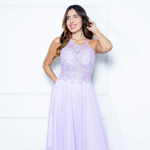 VESTIDO GOLA NADADOR DETALHES GUIPIR VESTIDO DE FESTA PETRA FINA