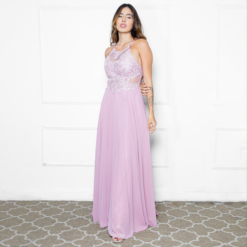 VESTIDO GOLA NADADOR DETALHES GUIPIR VESTIDO DE FESTA PETRA FINA ROSE P