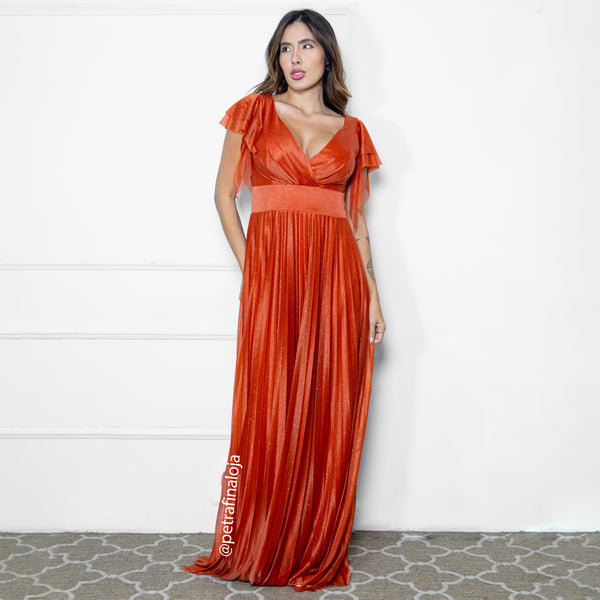 VESTIDO DE MANGUINHA SAIA PLISSADA VESTIDO DE FESTA PETRA FINA TERRACOTA M