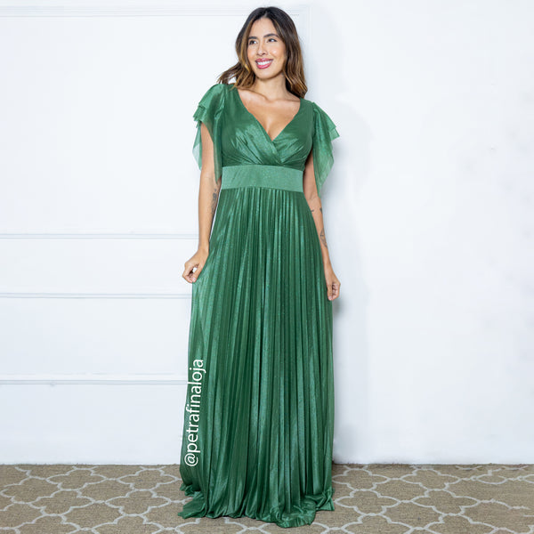 VESTIDO DE MANGUINHA SAIA PLISSADA VESTIDO DE FESTA PETRA FINA VERDE OLIVA M