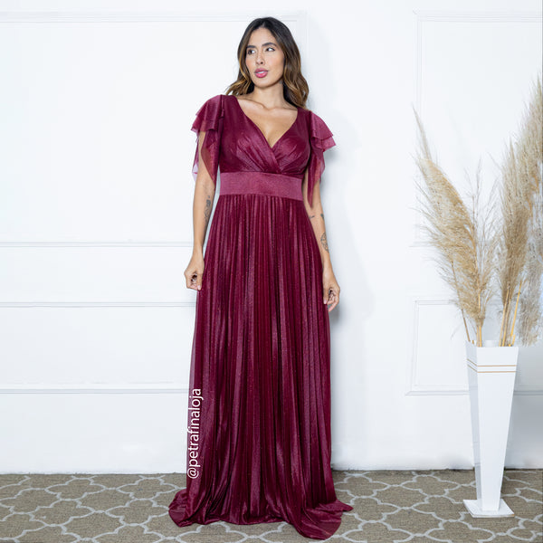 VESTIDO DE MANGUINHA SAIA PLISSADA VESTIDO DE FESTA PETRA FINA MARSALA M