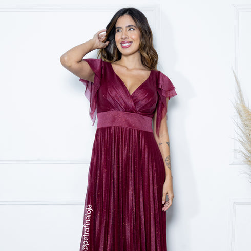 VESTIDO DE MANGUINHA SAIA PLISSADA VESTIDO DE FESTA PETRA FINA