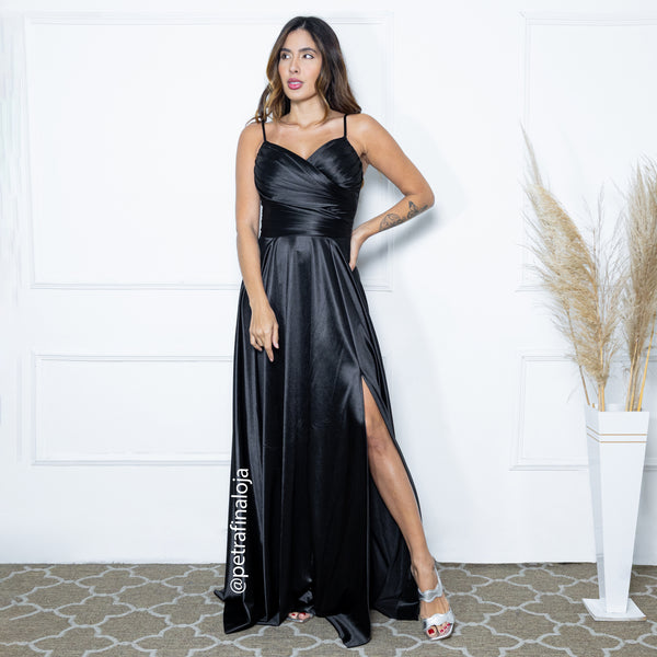 VESTIDO ALCINHA DRAPEADO RODADO VESTIDO DE FESTA PETRA FINA PRETO P