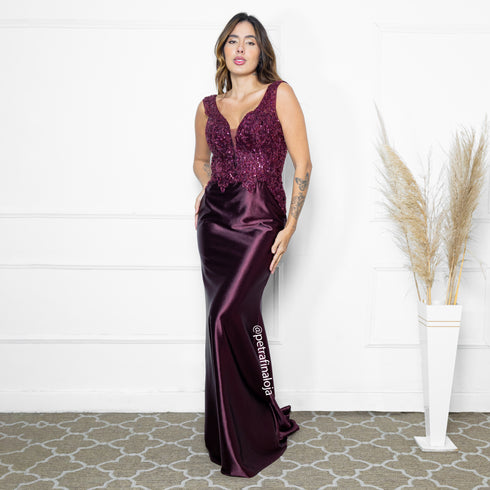 VESTIDO SEREIA ACETINADO VESTIDO DE FESTA PETRA FINA MARSALA G