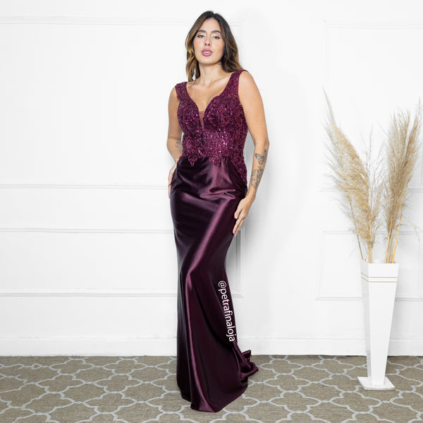 VESTIDO SEREIA ACETINADO VESTIDO DE FESTA PETRA FINA MARSALA G