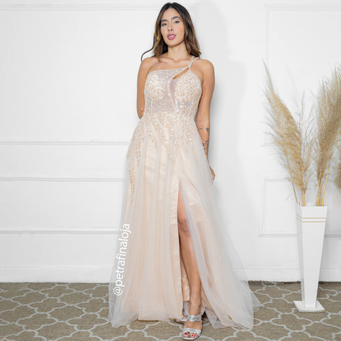 VESTIDO SAIA RODADO VESTIDO DE FESTA Petra Fina Moda Festa Bege P