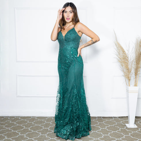 VESTIDO PAETE TRANÇADO VESTIDO DE FESTA PETRA FINA VERDE ESMERALDA GG