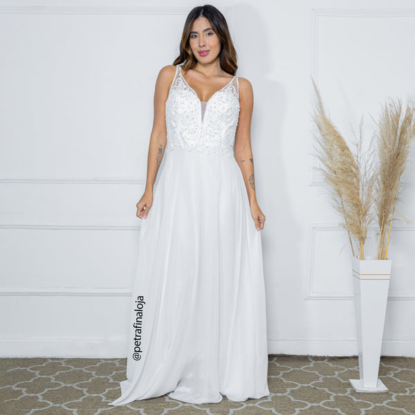 VESTIDO DECOTE V RENDA BORDADO VESTIDO DE FESTA PETRA FINA BRANCO P