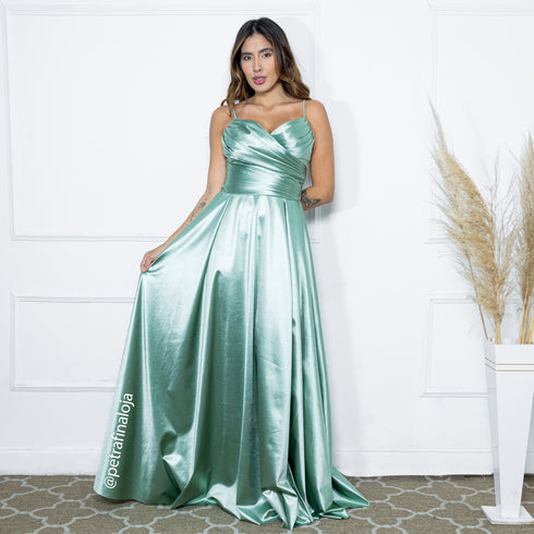 VESTIDO ALCINHA DRAPEADO RODADO VESTIDO DE FESTA PETRA FINA VERDE P