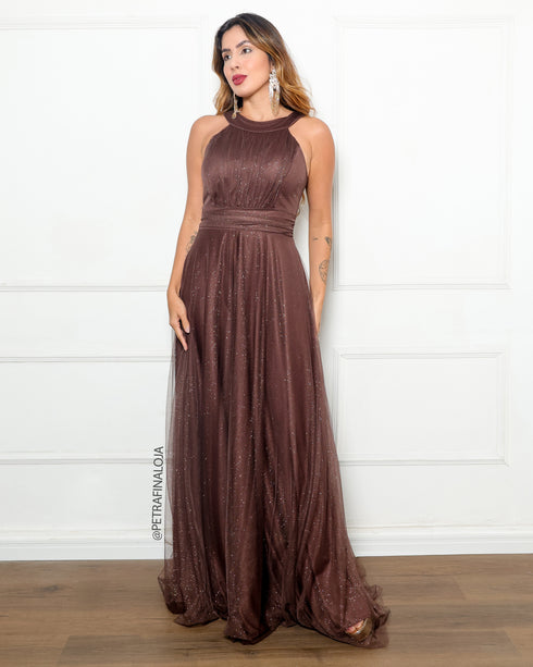 VESTIDO DE GOLA TULE TRABALHADO
